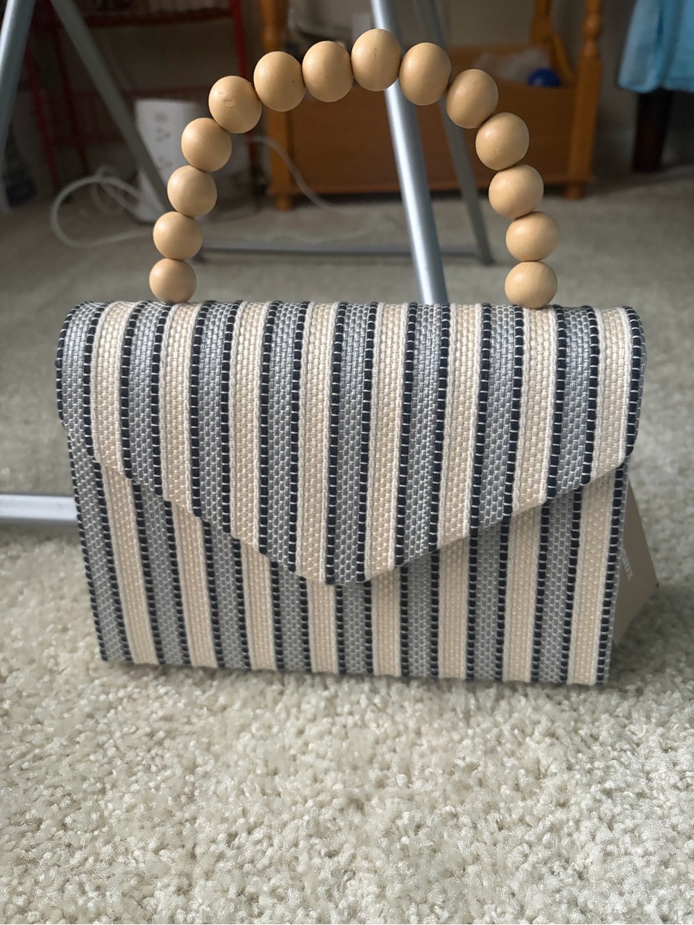 Striped Cream and Black Mini Top-Handle Bag with Beaded Handle